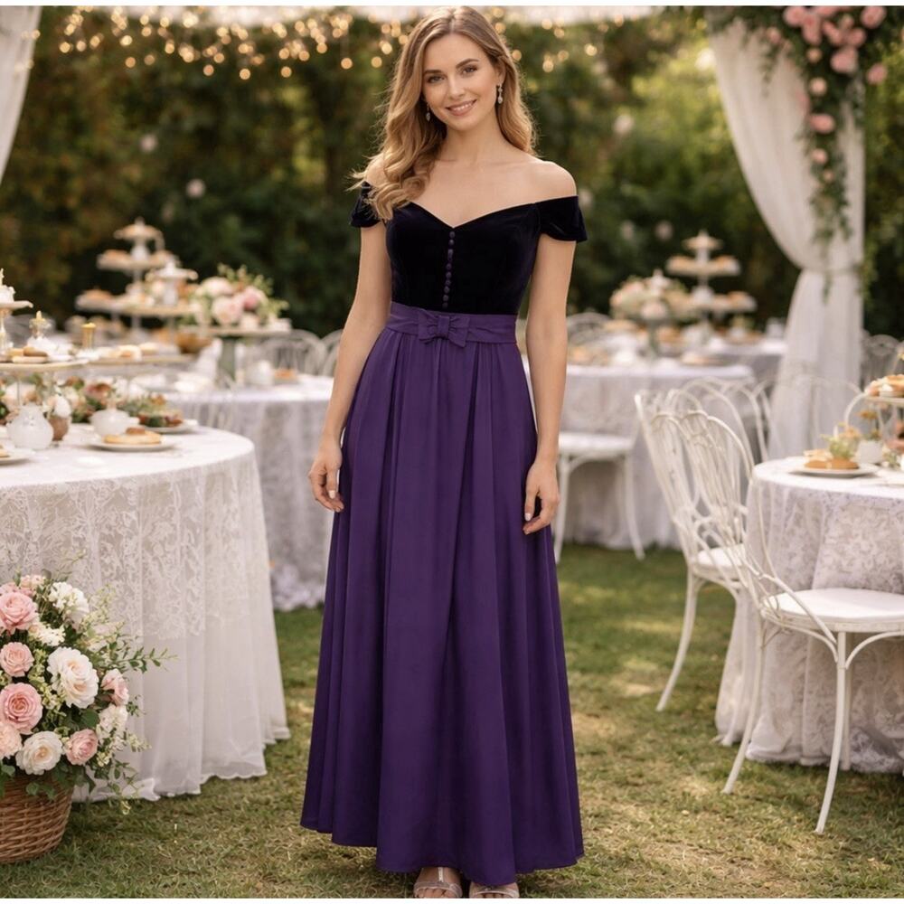 Vntg Liz Claiborne Night Off Shoulder Velvet Maxi Dress Womens 8 Purple Formal